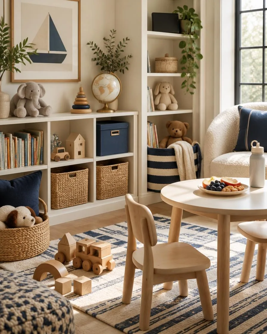 Brinquedoteca clara com livros, brinquedos de madeira e uma mesinha com lanche de frutas.