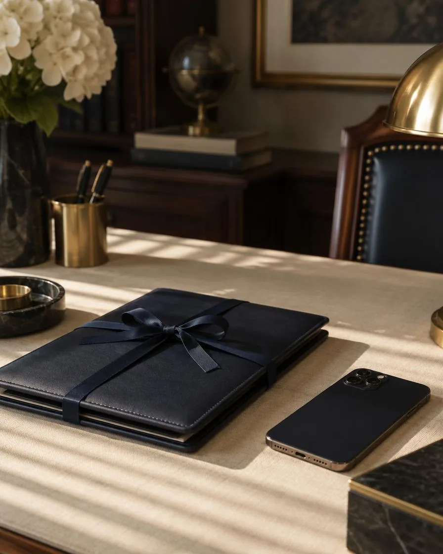 Pasta de couro azul-marinho fechada com fita e celular virado para baixo sobre uma mesa de linho.